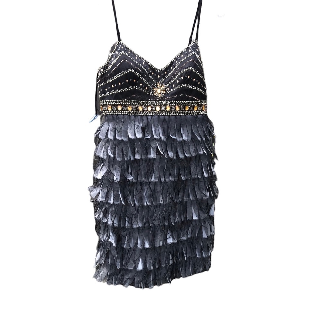 J.Peterman ostrich feathered jeweled bodice party dress nwot size 8 black